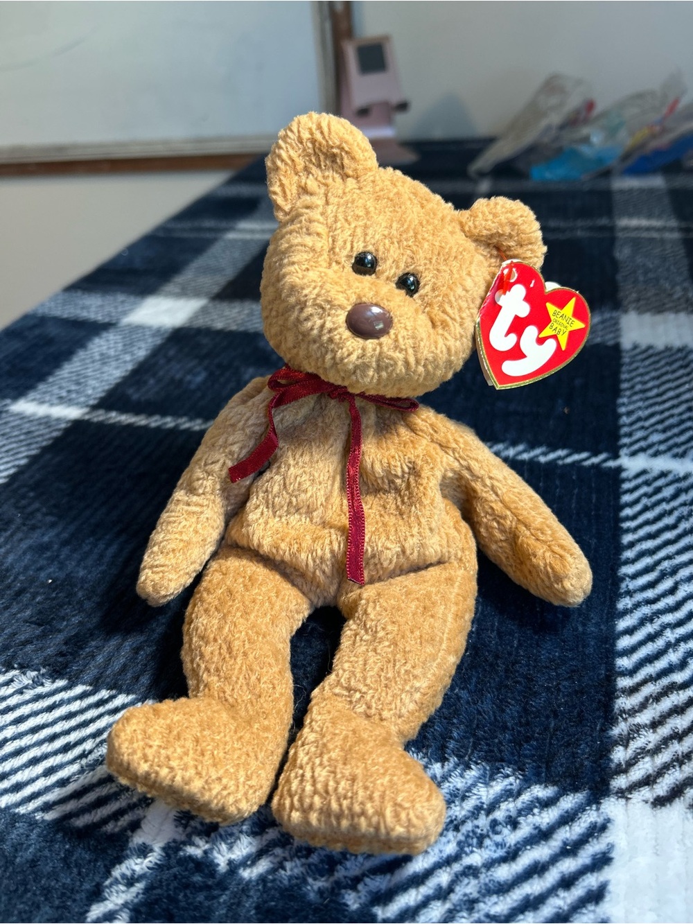 Ty Plush Brown Teddy Bear ‘Curly’ with Red Ribbon